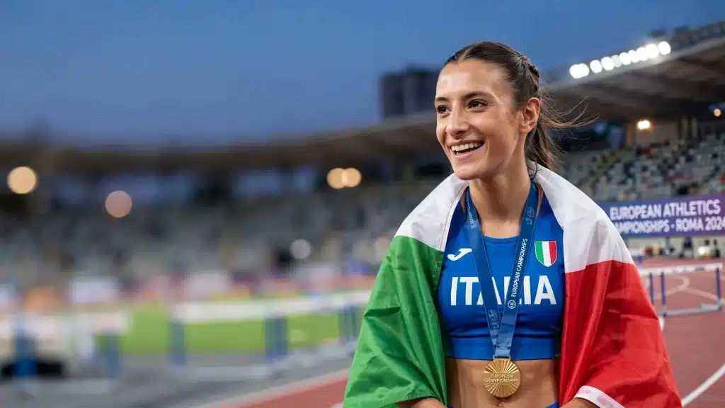 Una atleta con la bandiera italiana sulle spalle