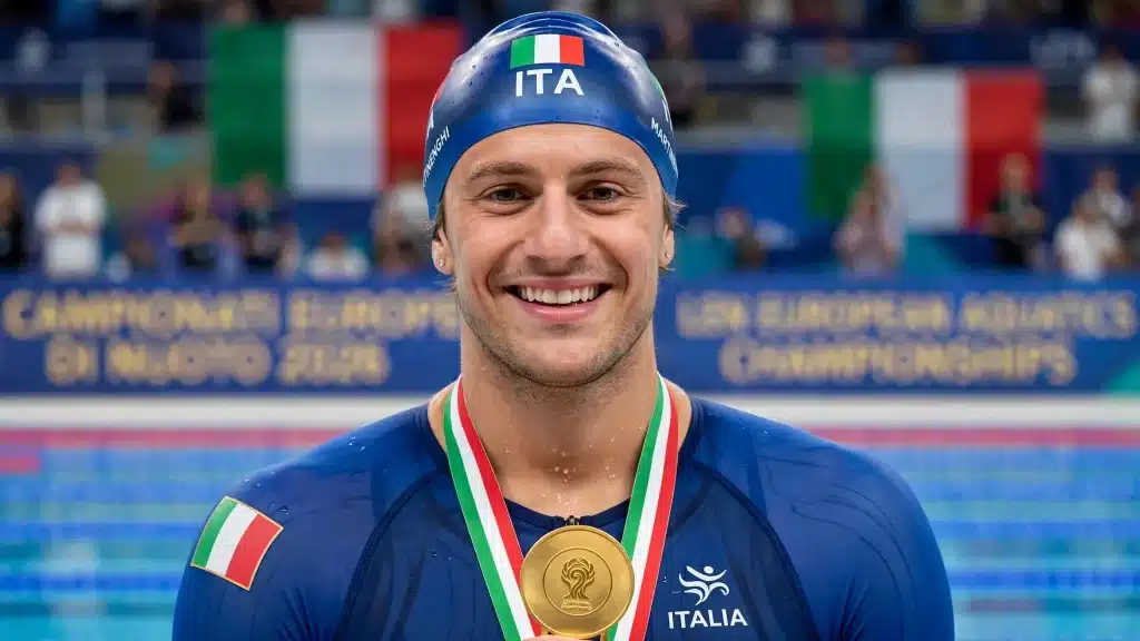 In primo piano un atleta sorridente