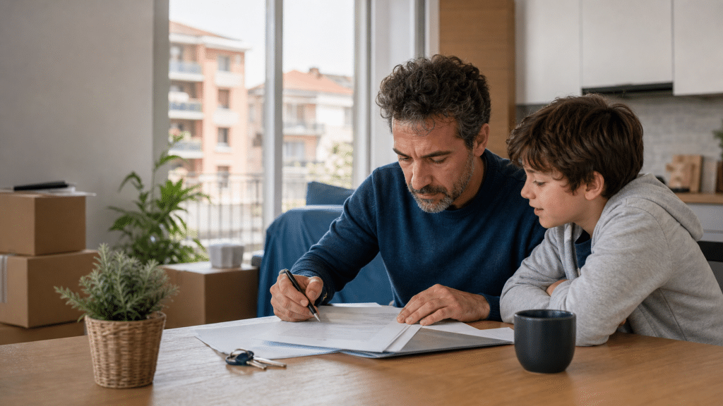 Padre e figlio discutono documenti.