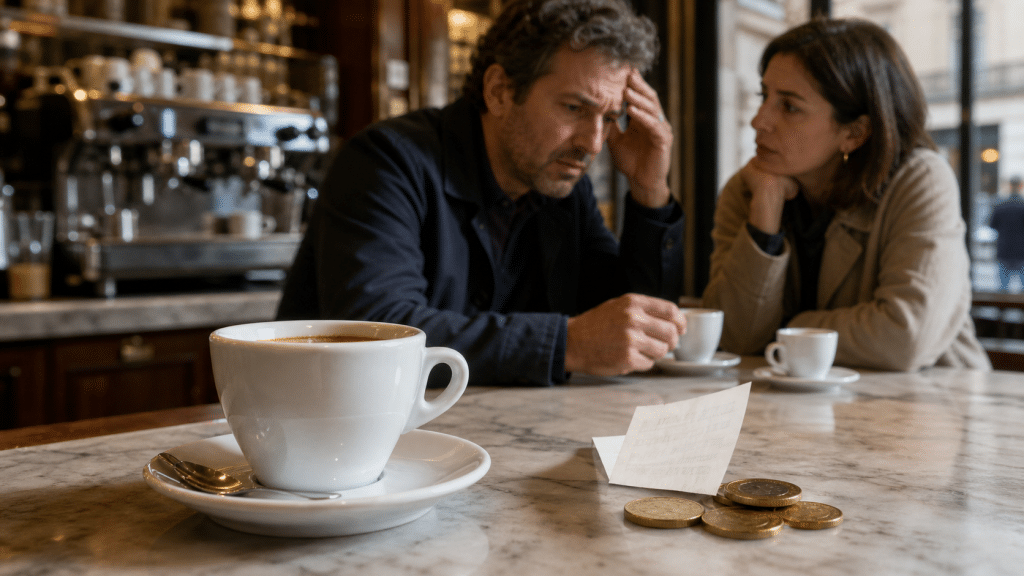 Tazzina di caffè accanto a uno scontrino e alcune monete in un bar italiano.