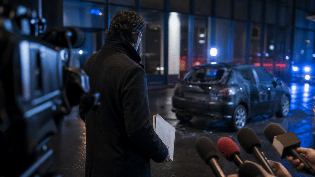 Giornalista con documenti, telecamere e microfoni davanti a un’auto danneggiata.