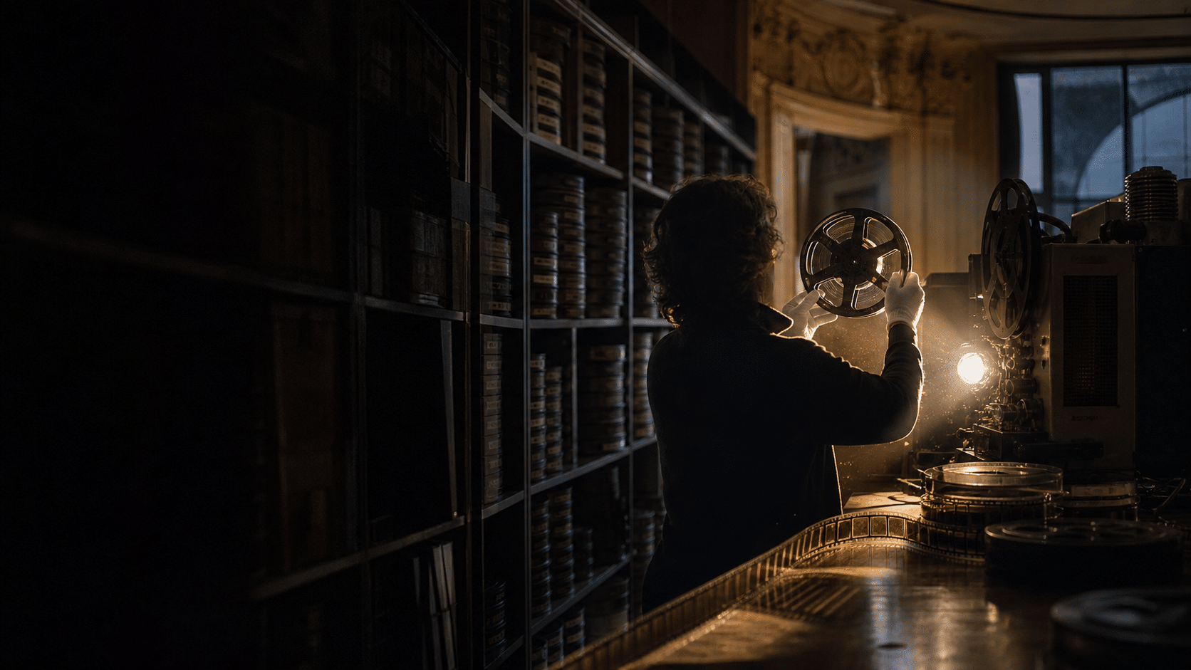 Operatore cinematografico in una sala buia