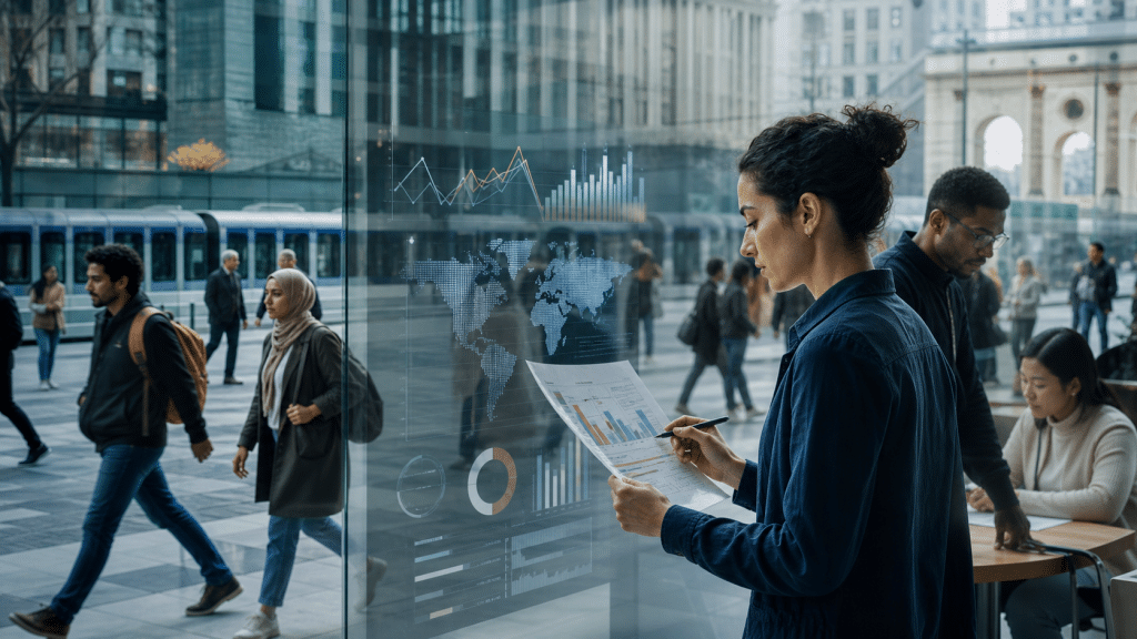 Ricercatrice analizza dati economici mentre persone di diversa provenienza attraversano un centro urbano.