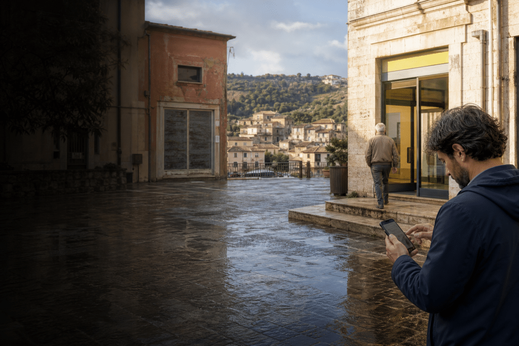 Uomo con smartphone in piazza