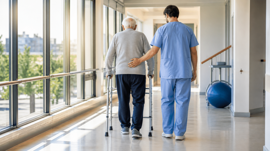 Anziano con fisioterapista in ospedale.