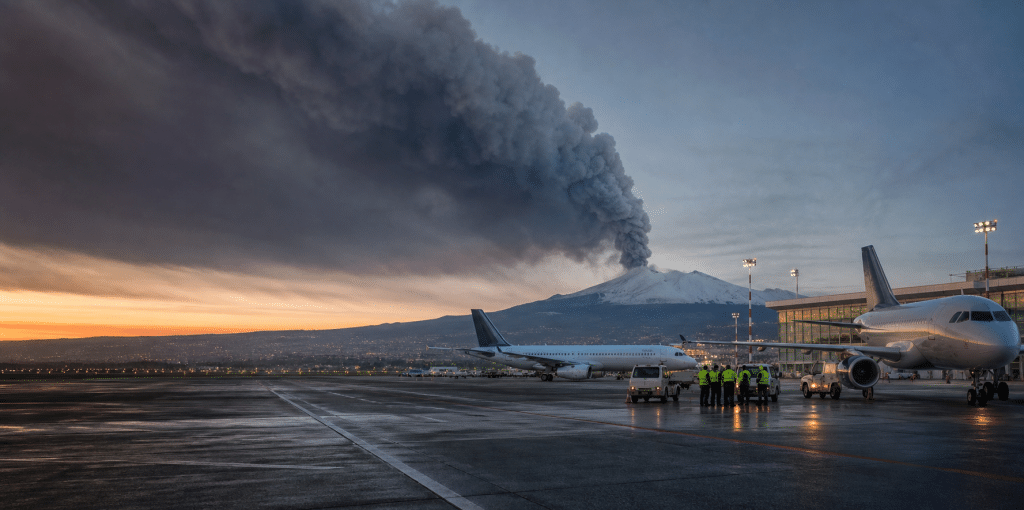 Eruzione dell'Etna sopra l'aeroporto.