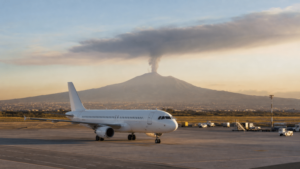 Aereo con vulcano Etna sullo sfondo