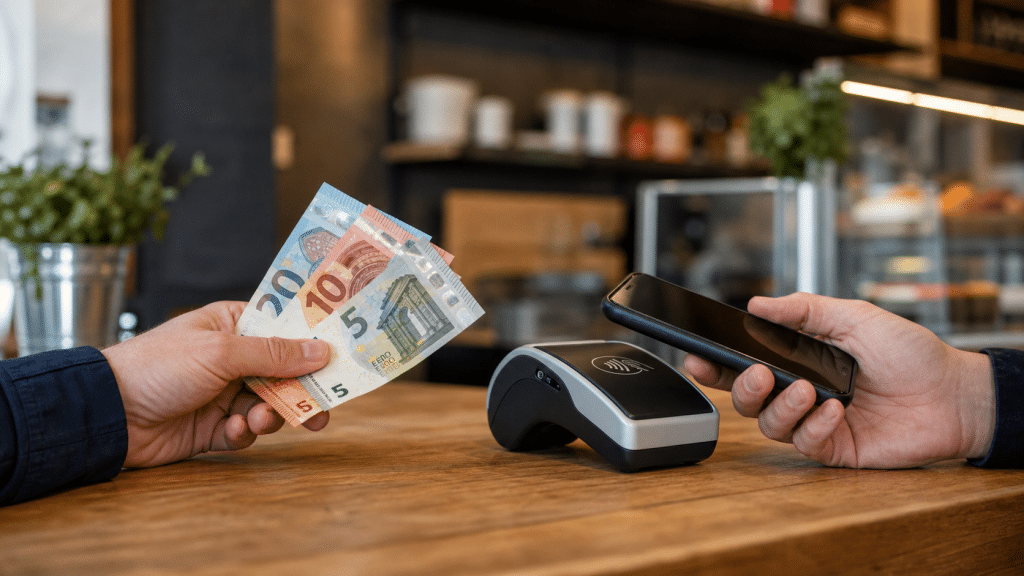 Pagamenti con contante e smartphone.
