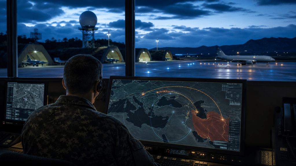 Operatore militare controlla una mappa delle possibili minacce iraniane verso basi statunitensi in Europa.