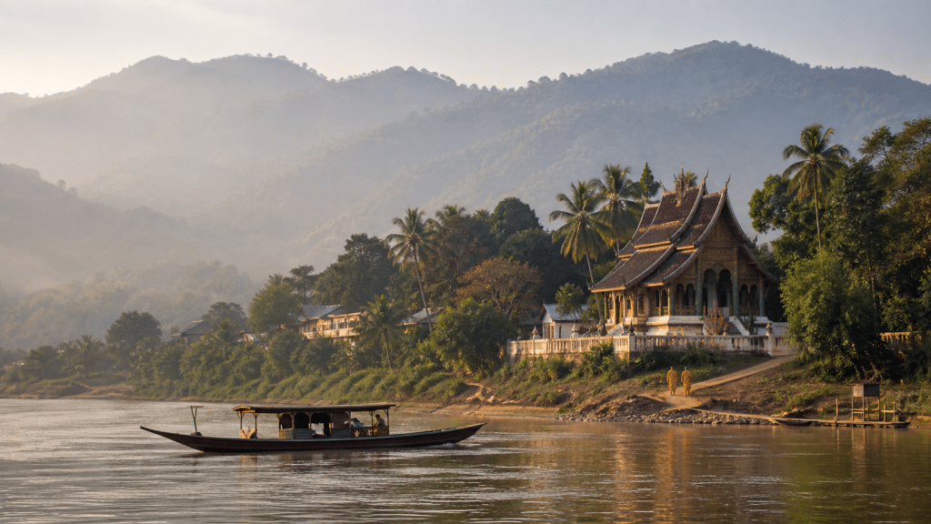 Tempio buddhista, monaci e barca sul Mekong tra le montagne del Laos