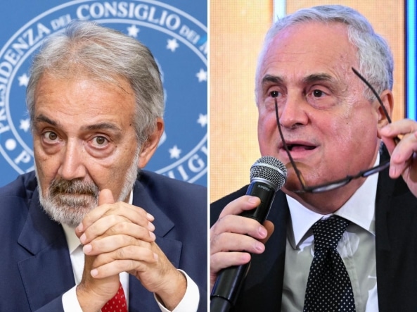 Francesco Rocca e Claudio Lotito sullo sfondo di uno stadio durante lo scontro sulla Lazio