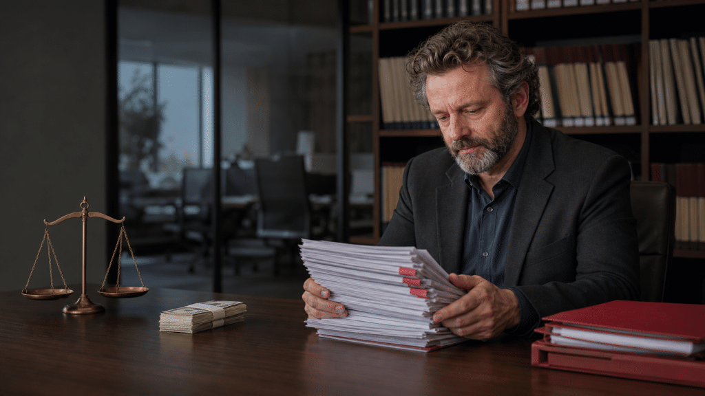 Rappresentazione di Michael Sheen mentre esamina pratiche relative a debiti e crediti deteriorati.