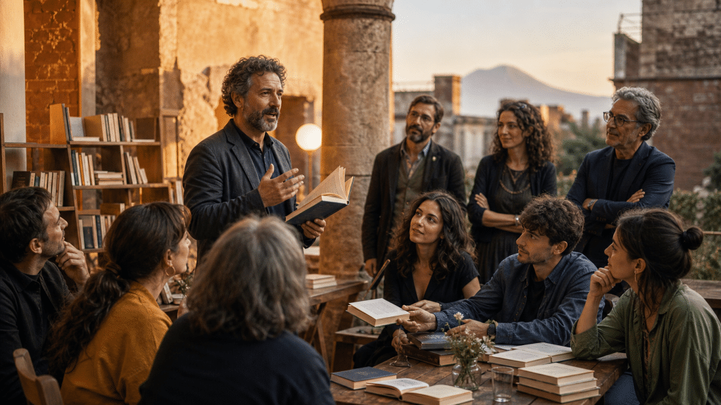 Incontro culturale a Pompei con lettori riuniti intorno ai libri