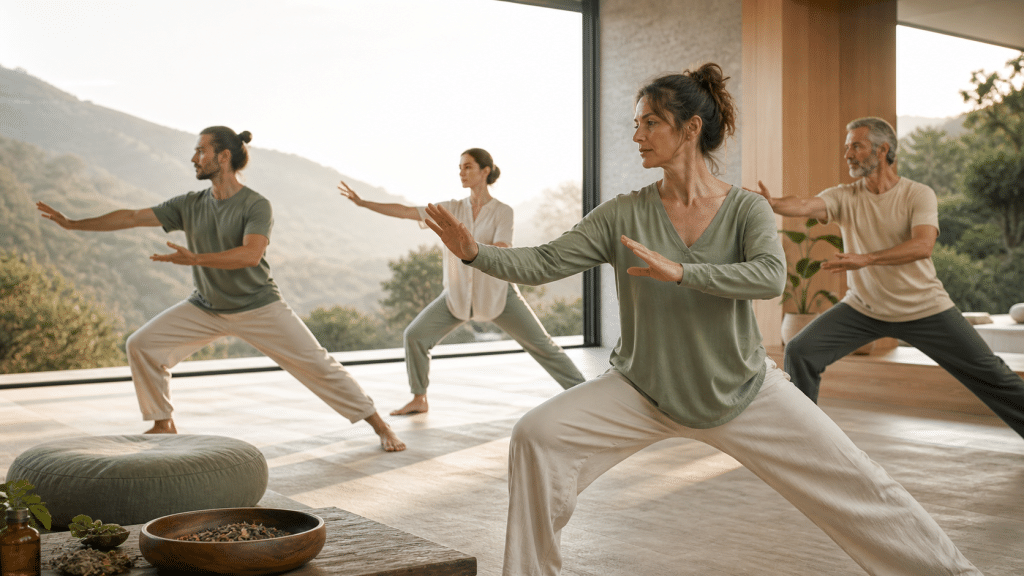 Gruppo di persone che pratica Tai Chi in un ambiente moderno affacciato sulla natura.
