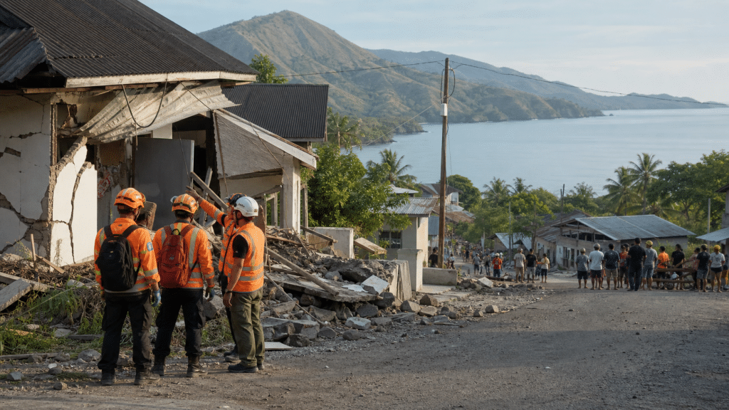 Soccorritori tra gli edifici danneggiati dal terremoto di magnitudo 7.7 a Flores