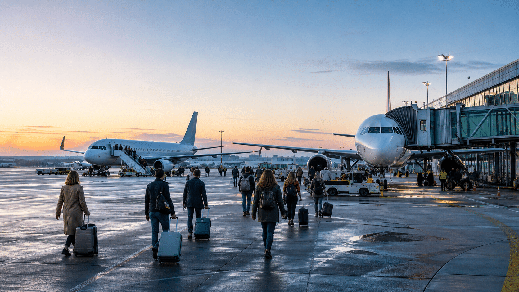 Passeggeri all'aeroporto al tramonto
