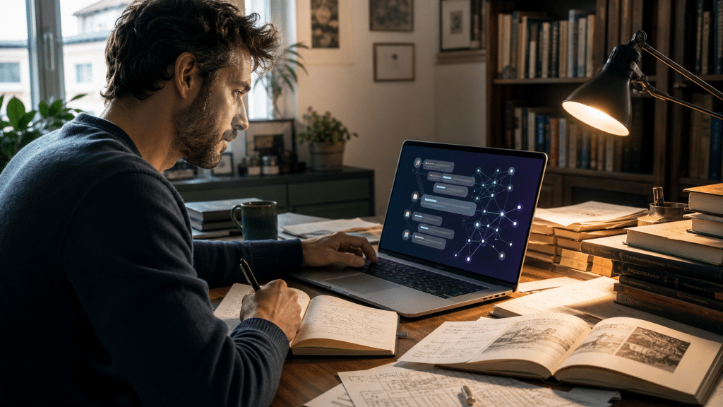 Persona al computer dialoga con un assistente di intelligenza artificiale circondata da libri e appunti.