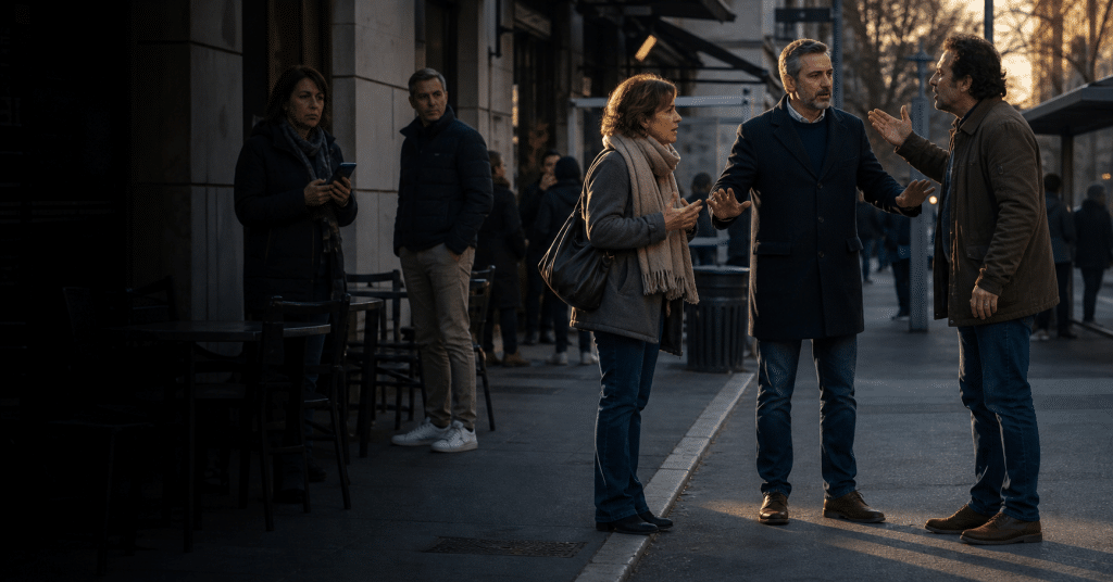 Discussione accesa tra tre persone.