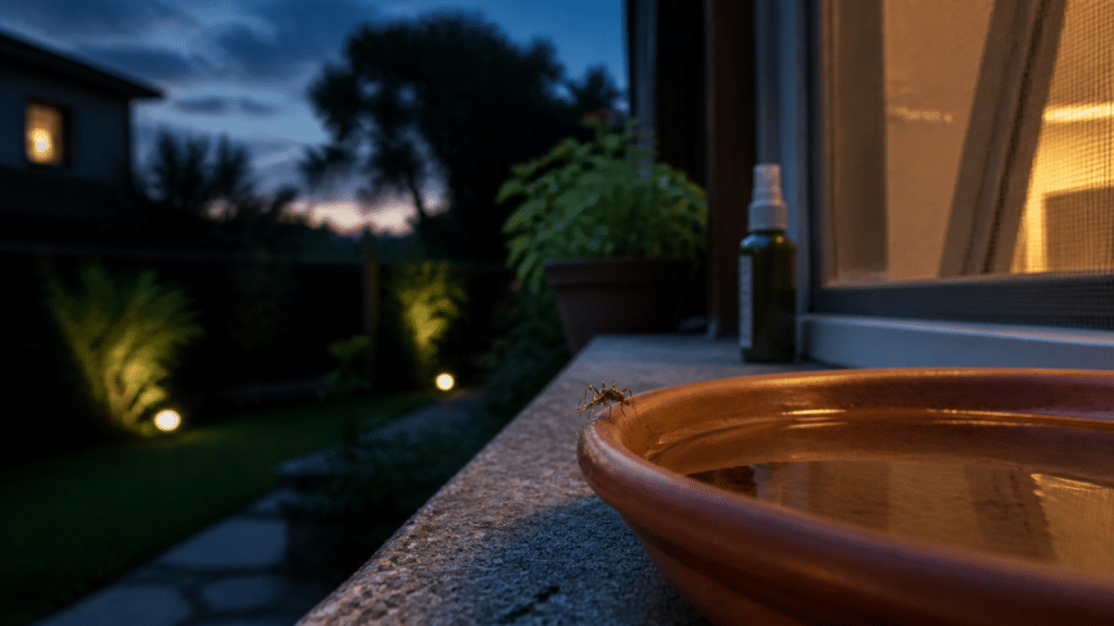 Zanzara comune accanto a un sottovaso con acqua stagnante in un giardino al tramonto