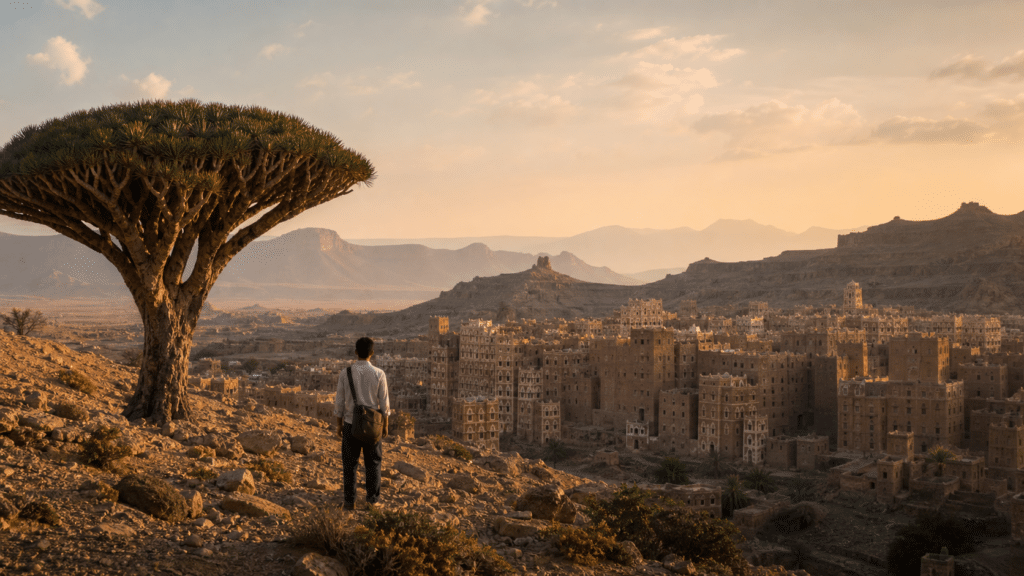 Viaggiatore davanti all’antica architettura dello Yemen, sotto un albero del sangue di drago